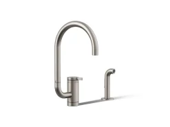 Single-handle kitchen sink faucet with two-function extended-reach spout and side sprayer