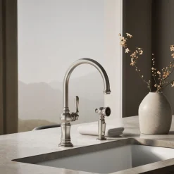 Single-handle kitchen sink faucet with two-function sprayhead