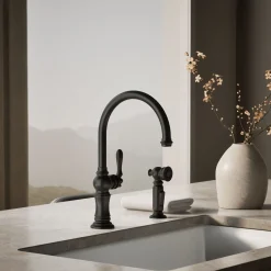Single-handle kitchen sink faucet with two-function sprayhead