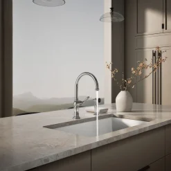 Single-handle kitchen sink faucet with two-function sprayhead