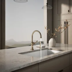 Single-handle kitchen sink faucet with two-function sprayhead