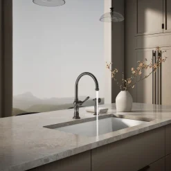 Single-handle kitchen sink faucet with two-function sprayhead