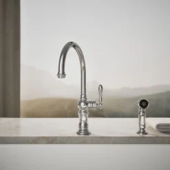 Single-handle kitchen sink faucet with two-function sprayhead