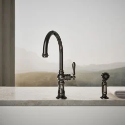 Single-handle kitchen sink faucet with two-function sprayhead