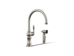 Single-handle kitchen sink faucet with two-function sprayhead