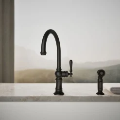 Single-handle kitchen sink faucet with two-function sprayhead