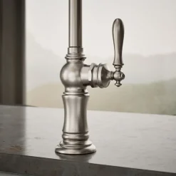 Single-handle kitchen sink faucet with two-function sprayhead