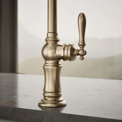 Single-handle kitchen sink faucet with two-function sprayhead