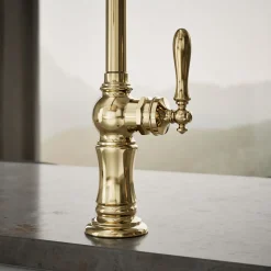 Single-handle kitchen sink faucet with two-function sprayhead