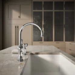 Single-handle kitchen sink faucet with two-function sprayhead