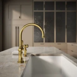Single-handle kitchen sink faucet with two-function sprayhead