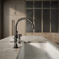 Single-handle kitchen sink faucet with two-function sprayhead