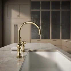 Single-handle kitchen sink faucet with two-function sprayhead