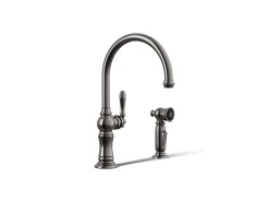 Single-handle kitchen sink faucet with two-function sprayhead