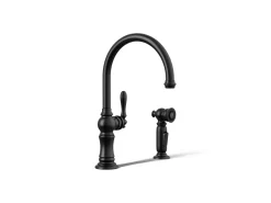 Single-handle kitchen sink faucet with two-function sprayhead