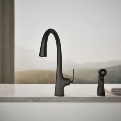 Single-handle kitchen sink faucet with two-function side sprayer