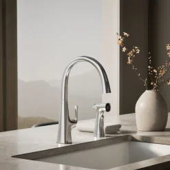 Single-handle kitchen sink faucet with two-function side sprayer