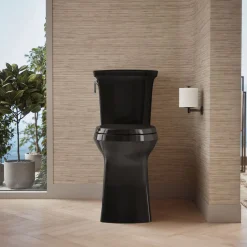 Tall two-piece elongated toilet with skirted trapway, 1.28 gpf