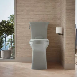Tall two-piece elongated toilet with skirted trapway, 1.28 gpf