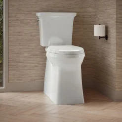 Tall two-piece elongated toilet with skirted trapway, 1.28 gpf