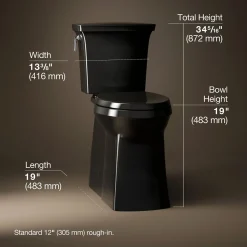Tall two-piece elongated toilet with skirted trapway, 1.28 gpf