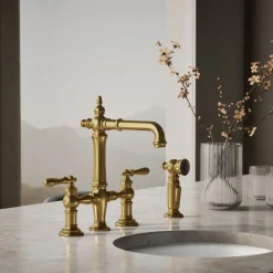 Three-hole bridge bar sink faucet with side sprayer