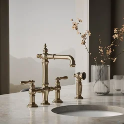 Three-hole bridge bar sink faucet with side sprayer