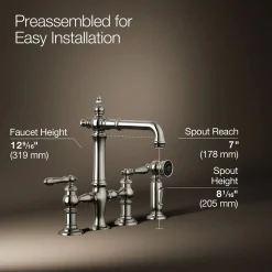 Three-hole bridge bar sink faucet with side sprayer
