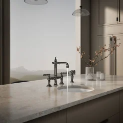 Three-hole bridge bar sink faucet with side sprayer