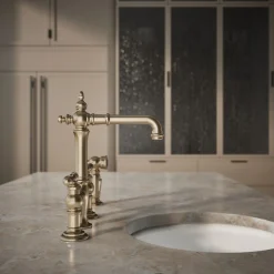 Three-hole bridge bar sink faucet with side sprayer