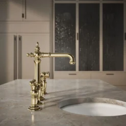 Three-hole bridge bar sink faucet with side sprayer