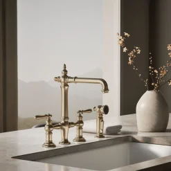 Three-hole bridge kitchen sink faucet with side sprayer