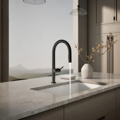Touchless pull-down kitchen sink faucet with two-function sprayhead