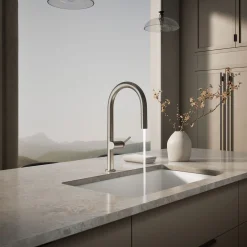 Touchless pull-down kitchen sink faucet with two-function sprayhead