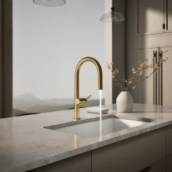 Touchless pull-down kitchen sink faucet with two-function sprayhead