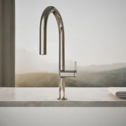 Touchless pull-down kitchen sink faucet with two-function sprayhead