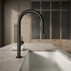 Touchless pull-down kitchen sink faucet with two-function sprayhead