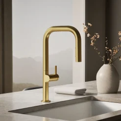 Touchless pull-down kitchen sink faucet with two-function sprayhead