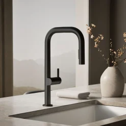 Touchless pull-down kitchen sink faucet with two-function sprayhead