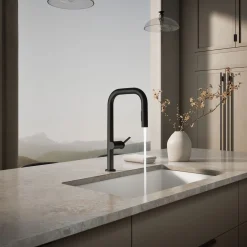 Touchless pull-down kitchen sink faucet with two-function sprayhead