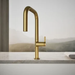 Touchless pull-down kitchen sink faucet with two-function sprayhead