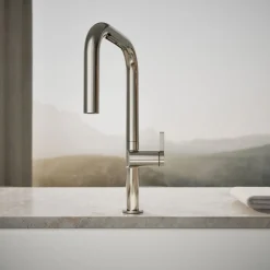 Touchless pull-down kitchen sink faucet with two-function sprayhead