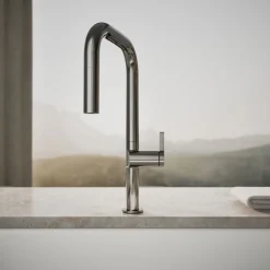 Touchless pull-down kitchen sink faucet with two-function sprayhead
