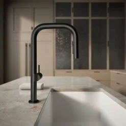 Touchless pull-down kitchen sink faucet with two-function sprayhead