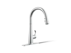 Touchless pull-down kitchen sink faucet with three-function sprayhead