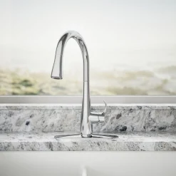 Touchless pull-down kitchen sink faucet with three-function sprayhead