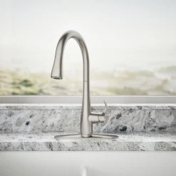 Touchless pull-down kitchen sink faucet with three-function sprayhead
