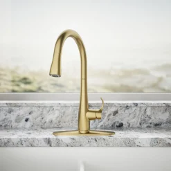Touchless pull-down kitchen sink faucet with three-function sprayhead