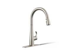 Touchless pull-down kitchen sink faucet with three-function sprayhead