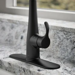 Touchless pull-down kitchen sink faucet with three-function sprayhead
